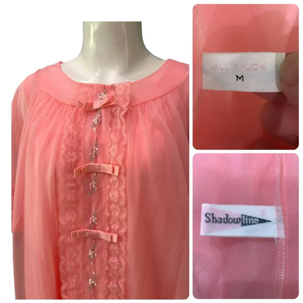 Vintage 1960s Pink Lace Nylon Floral Peignoir Robe Nightgown Set M -
